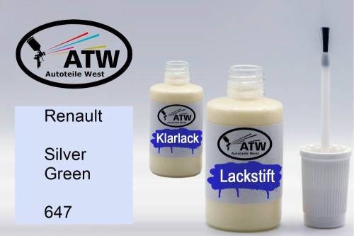 Renault, Silver Green, 647: 20ml Lackstift + 20ml Klarlack - Set, von ATW Autoteile West.